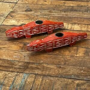 Pottery Barn Wood Carved Candlestick Holders Set of 2 8" Orange